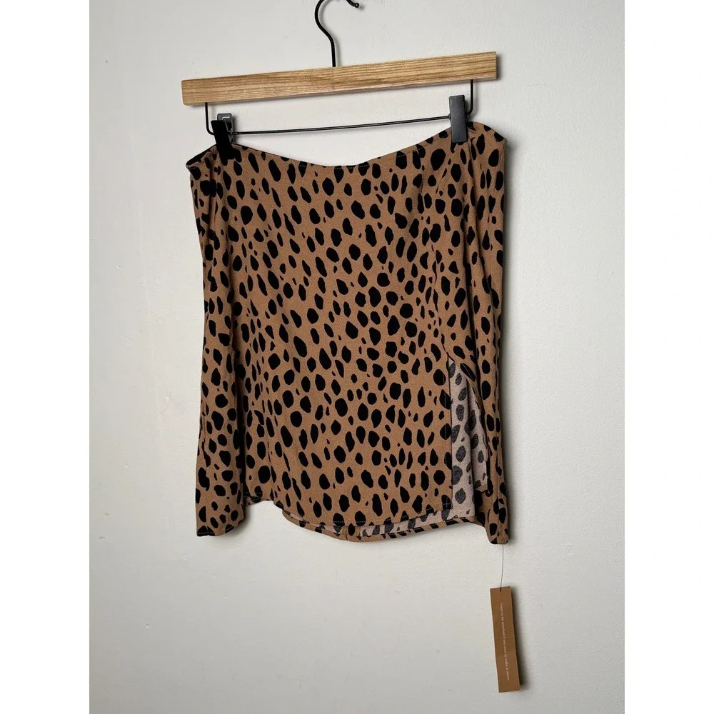 Reformation Margot Mini Skirt Bobcat Animal Print Leopard Slit Tan Black Size 12